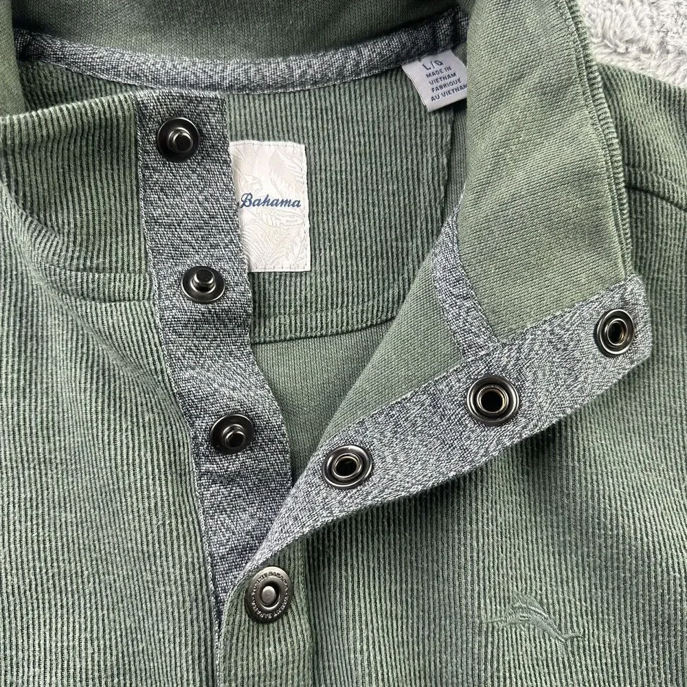 Tommy Bahama Sweater Mens Large Green Ribbed 1/4 Snaps Stretch Casual Office